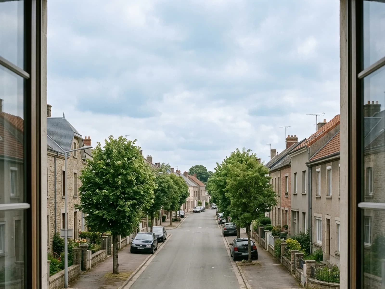 An ordinary quiet street seen through a clean window in soft daytime light.